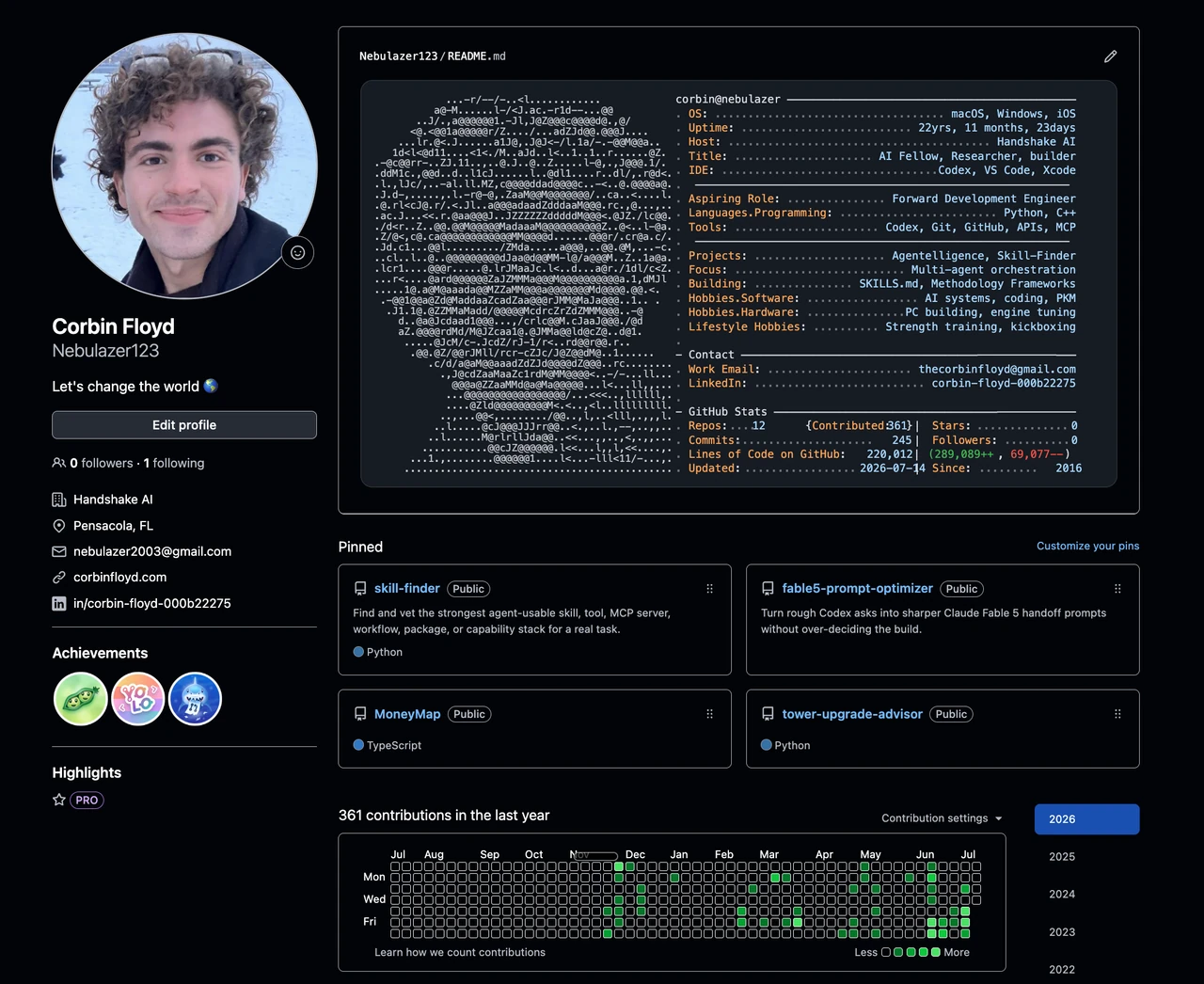 Corbin Floyd's GitHub profile, README system card, pinned repositories, and contribution history