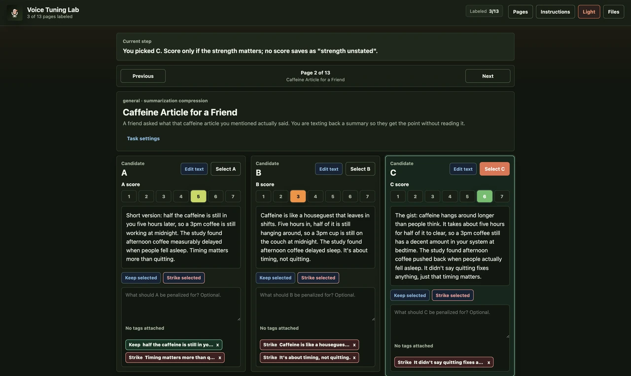 Voice Tuning Lab comparing three summaries of the same article