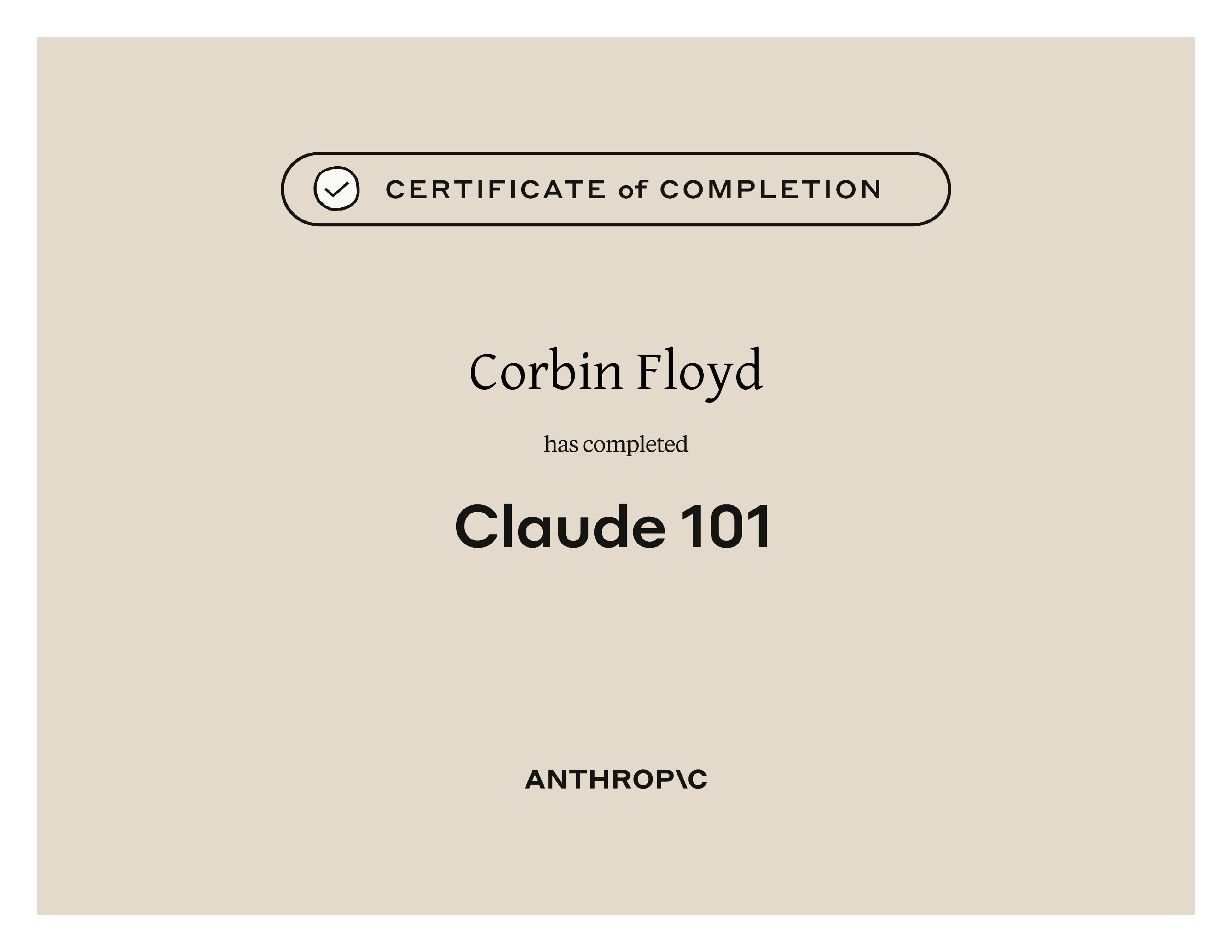 Anthropic Claude 101 certificate for Corbin Floyd